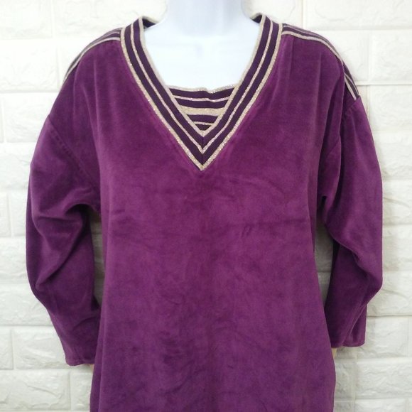 Vintage 90s Velour Loungewear Dress Pop-On Robe -S/M Metallic V-Neck Pockets - Picture 2 of 10